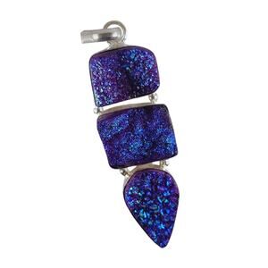 Purple Druzy Quartz Sterling Silver Pendant 2.5" Iridescent Triple Drop